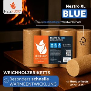Holzbriketts Nestro XL Blue - Weichholzbriketts Palette 960 Kg (96X10 Kg) - Premium Briketts Für Kamin, Heizkessel & Ofen - Hoher Heizwert, Geringer Aschegehalt & Maximale Energieausbeute