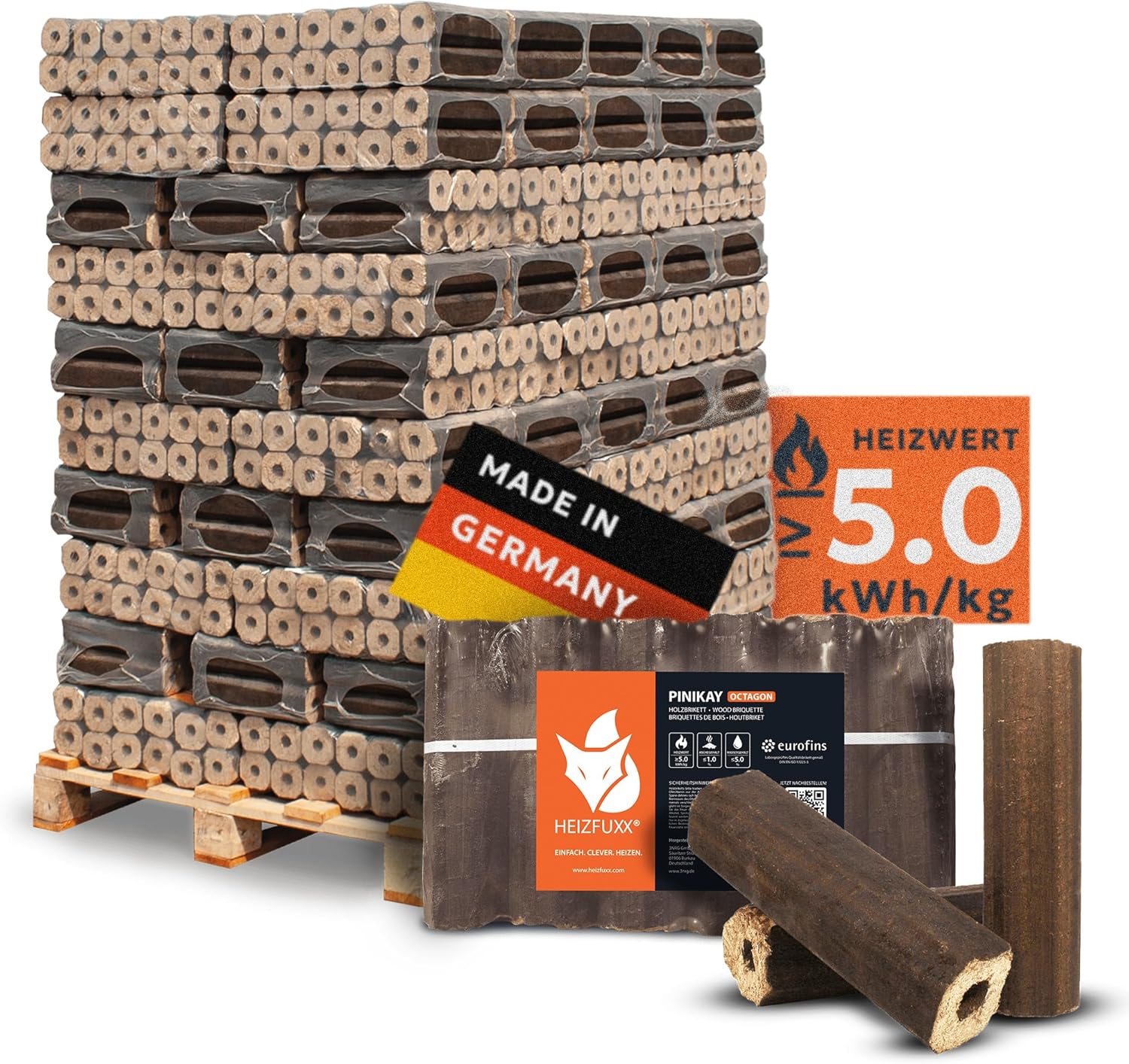 81wQdxGVDfL._AC_SL1500_ Paligo Heizfuxx Pinikay Wood Briquettes, Hardwood, Octagon, Chimney, Oven, Firewood, Heating Briquettes 10kg x 96 Packages 960kg / 1 palette – Bild 1