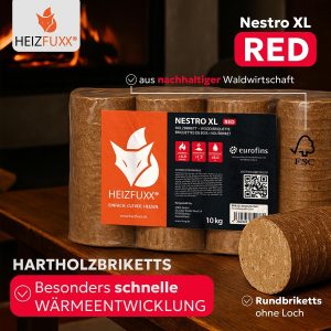 Holzbriketts Nestro XL Red - Hartholzbriketts Palette 960 Kg (96X10 Kg) - Premium Briketts Für Kamin, Heizkessel & Ofen - Hoher Heizwert, Geringer Aschegehalt & Maximale Energieausbeute