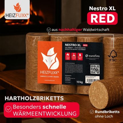Holzbriketts Nestro XL Red - Hartholzbriketts Palette 960 Kg (96X10 Kg) - Premium Briketts Für Kamin, Heizkessel & Ofen - Hoher Heizwert, Geringer Aschegehalt & Maximale Energieausbeute