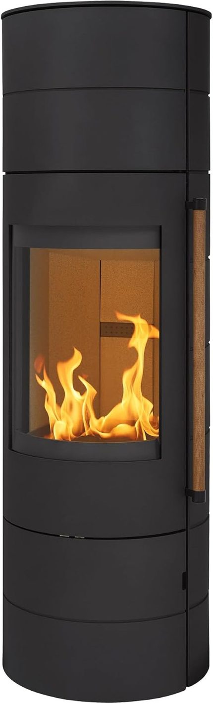 H&M Germany Kaminofen EVO 3.0 XL Stahl Schwarz Ofen Heizofen Modernes Segment-Design 7Kw Holzofen Speicherofen Rund Holzkamin Mit Großer Sichtscheibe Und Gussboden
