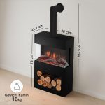 KAMINIO Elektrokamin Henri Mit Ofenrohr - Elektrischer Kaminofen Mit Heizung, 3D-Flammeneffekt, Holzfach, Led-Ambientelicht, Fernbedienung (Schwarz)