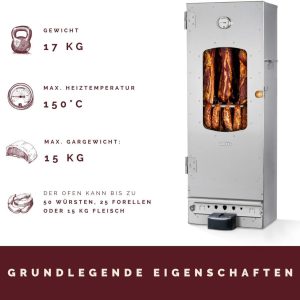 KAISER COMPANY '100' Hochwertiger Elektrischer Räucherofen/Räucherschrank Aus Edelstahl I Tragbarer Smoker 110 Cm I Passen Bis Zu 15Kg Fleisch I 2000W I Mit Zubehör I NICHTROSTEND