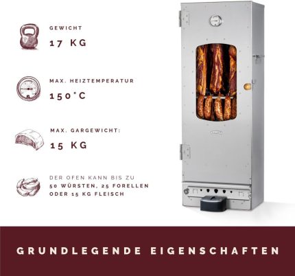 KAISER COMPANY '100' Hochwertiger Elektrischer Räucherofen/Räucherschrank Aus Edelstahl I Tragbarer Smoker 110 Cm I Passen Bis Zu 15Kg Fleisch I 2000W I Mit Zubehör I NICHTROSTEND