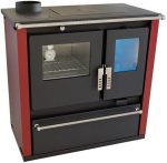 Holzofen Kochherd Verso Cs plus Inox Links Mit 7.7 Kw Leistung, Großem Backfach Und Robustem Edelstahldesign [Seitenpaneele in Bordeaux]