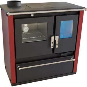 Holzofen Kochherd Verso Cs plus Inox Links Mit 7.7 Kw Leistung, Großem Backfach Und Robustem Edelstahldesign [Seitenpaneele in Bordeaux]