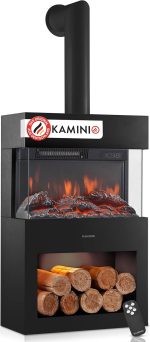 KAMINIO Elektrokamin Henri Mit Ofenrohr - Elektrischer Kaminofen Mit Heizung, 3D-Flammeneffekt, Holzfach, Led-Ambientelicht, Fernbedienung (Schwarz)