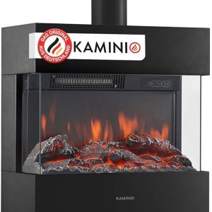 KAMINIO Elektrokamin Henri Mit Ofenrohr - Elektrischer Kaminofen Mit Heizung, 3D-Flammeneffekt, Holzfach, Led-Ambientelicht, Fernbedienung (Schwarz)