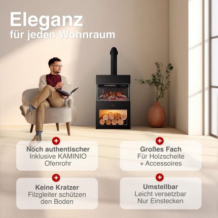 KAMINIO Elektrokamin Henri Mit Ofenrohr - Elektrischer Kaminofen Mit Heizung, 3D-Flammeneffekt, Holzfach, Led-Ambientelicht, Fernbedienung (Schwarz)