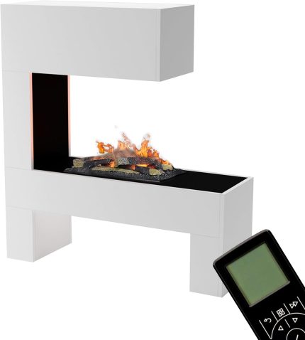 GLOW FIRE Wasserdampf Kamin Mozart (Standkamin) - Elektrokamin Mit Realistischen LED 3D-Flammen, Knistereffekt & Fernbedienung, 110X120X35 Cm - Opti-Myst 600 Elektro Kamin Mit Holz-Deko, Weiß