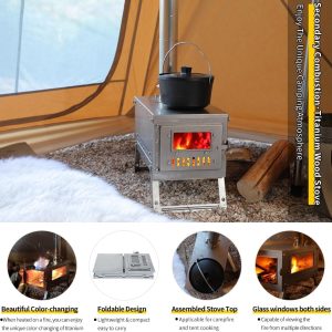 Titan-Holzofen "Fiery 7.6 Cm, Zusammenklappbar, Leicht, Kompakt, Farbwechsel, Langlebig, Tragbar, Wandern, Bushcraft, Kochen, Heizung, Holzverbrennung, Outdoor, Camping, Brennholzofen