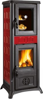 Holzofen 'Gemma Forno' Mit Emailliertem Ofen, Außenverkleidung Aus Steingut, Türen, Kopfteil Und Feuerstelle Aus Gusseisen. Glaskeramik Hitzebeständig Bis 750°. Abmessungen 460 X 495 X 1207 Mm