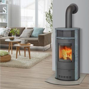 Kamin-Ofen Hamburg V4 Guss-Grau Naturstein Speicherofen 7Kw Warmhaltefach Holzkamin