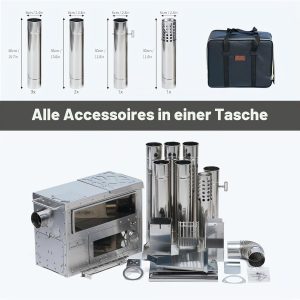 Zeltofen Tragbarer Holzofen Pelletofen Für Outdoor-Aktivitäten Wie Wandern, Angeln & Zelten, Heizung Und Kochen, Robuste 430 Edelstahl-Konstruktion, Inklusive Rauchrohre Für Sichere Abgasführung