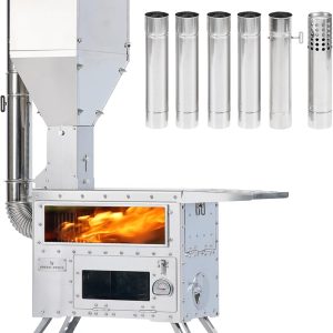 Zeltofen Tragbarer Holzofen Pelletofen Für Outdoor-Aktivitäten Wie Wandern, Angeln & Zelten, Heizung Und Kochen, Robuste 430 Edelstahl-Konstruktion, Inklusive Rauchrohre Für Sichere Abgasführung