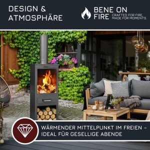 BENE on FIRE Terrassenofen Delaware 150 Cm | Gartenkamin Outdoor Kaminofen Modern | Gartenofen Mit Brennkammer Und Holzlager | Terrassenkamin Stahl Schwarz | Feuerofen Für Die Terrasse Gartenparty