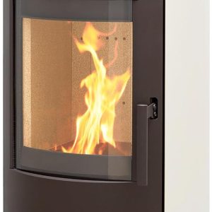 Kaminofen Legierter Stahl, München XL Stahl Creme Weiß 7Kw Speicherofen Panoramatür Holzofen Dauerbrand Geeignet Schwedenofen 150Mm Abgasstutzen Selbstschließende Tür (Bauart 1)