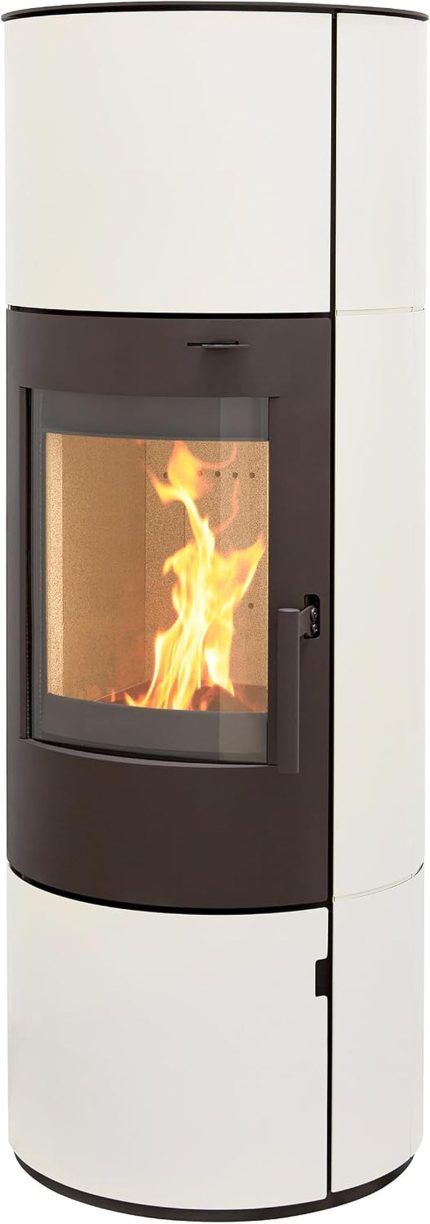 Kaminofen Legierter Stahl, München XL Stahl Creme Weiß 7Kw Speicherofen Panoramatür Holzofen Dauerbrand Geeignet Schwedenofen 150Mm Abgasstutzen Selbstschließende Tür (Bauart 1)