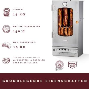 KAISER COMPANY '50' Hochwertiger Räucherofen/Räucherschrank Aus Edelstahl - Holzbefeuerung I Tragbarer Smoker 80 Cm I Perfekt Zum Räuchern I Passen Bis Zu 10Kg Fleisch I Mit Zubehör I NICHTROSTEND