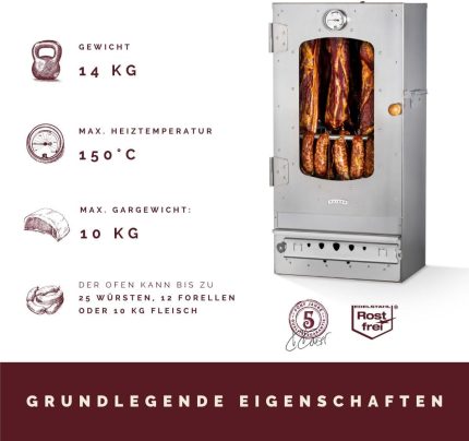 KAISER COMPANY '50' Hochwertiger Räucherofen/Räucherschrank Aus Edelstahl - Holzbefeuerung I Tragbarer Smoker 80 Cm I Perfekt Zum Räuchern I Passen Bis Zu 10Kg Fleisch I Mit Zubehör I NICHTROSTEND