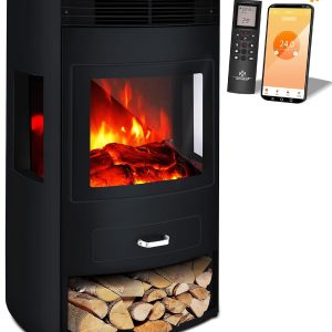 KESSER® Prio Elektrokamin Mit Heizung Heizlüfter Fernbedienung Wifi App 950/1900 W Kamin Elektrisch Led-Flammeneffekt Kaminfeuer Mit Thermostat Panorama-Sichtfenster Heizfunktion Timer