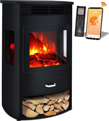 KESSER® Prio Elektrokamin Mit Heizung Heizlüfter Fernbedienung Wifi App 950/1900 W Kamin Elektrisch Led-Flammeneffekt Kaminfeuer Mit Thermostat Panorama-Sichtfenster Heizfunktion Timer