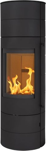 H&M Germany Kaminofen EVO 3.0 XL Stahl Schwarz Ofen Heizofen Modernes Segment-Design 7Kw Holzofen Speicherofen Rund Holzkamin Mit Großer Sichtscheibe Und Gussboden