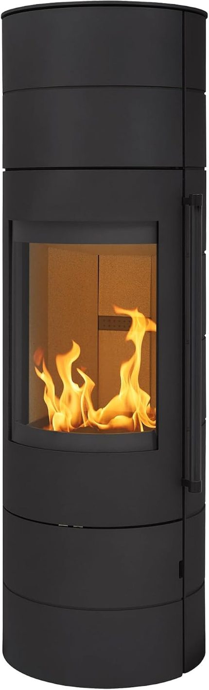 H&M Germany Kaminofen EVO 3.0 XL Stahl Schwarz Ofen Heizofen Modernes Segment-Design 7Kw Holzofen Speicherofen Rund Holzkamin Mit Großer Sichtscheibe Und Gussboden