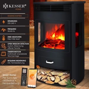 KESSER® Prio Elektrokamin Mit Heizung Heizlüfter Fernbedienung Wifi App 950/1900 W Kamin Elektrisch Led-Flammeneffekt Kaminfeuer Mit Thermostat Panorama-Sichtfenster Heizfunktion Timer