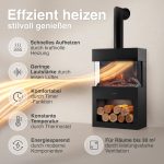 KAMINIO Elektrokamin Henri Mit Ofenrohr - Elektrischer Kaminofen Mit Heizung, 3D-Flammeneffekt, Holzfach, Led-Ambientelicht, Fernbedienung (Schwarz)
